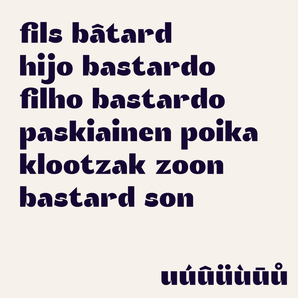 "Bastard son" in several languages using Akuto Display